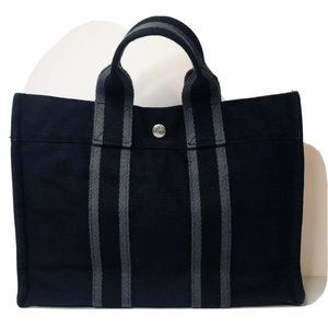 RARE Authentic HERMES Fourre Tout PM Canvas Tote Black Gray EXCELLENT CONDITION